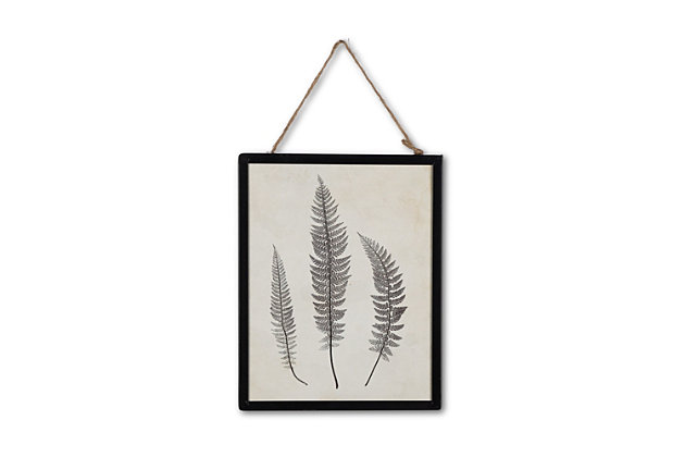 Reflecting the beauty of nature, this botanical-themed wall art is the perfect touch for your decor. In a black metal frame, each picture shows a lovely set of dainty ferns on a cream background, with the rustic look of a rope attached to the frame for easy hanging. They can be arranged together or displayed separately. This set is ideal for your own home or as a wonderful housewarming gift.Set of 6 | Made of engineered wood and iron | For indoor use