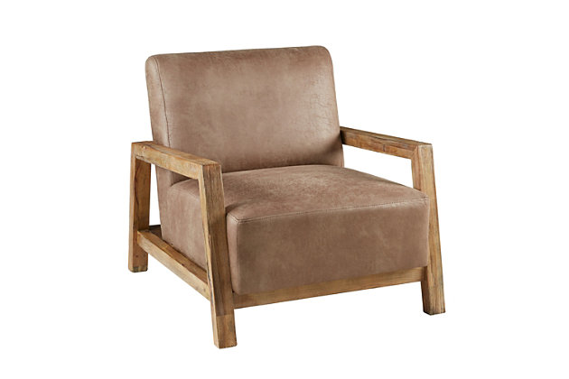 Add a sophisticated update to your living room with the INK+IVY Easton Accent Chair. Upholstered in taupe faux leather, the chair features a reclaimed oak wood finish for a contemporary look. Sit in luxurious comfort and bring an elevated touch to your home decor.Made with wood | Reclaimed oak finish | Polyester upholstery | Foam and silk wadding fill | Assembly required