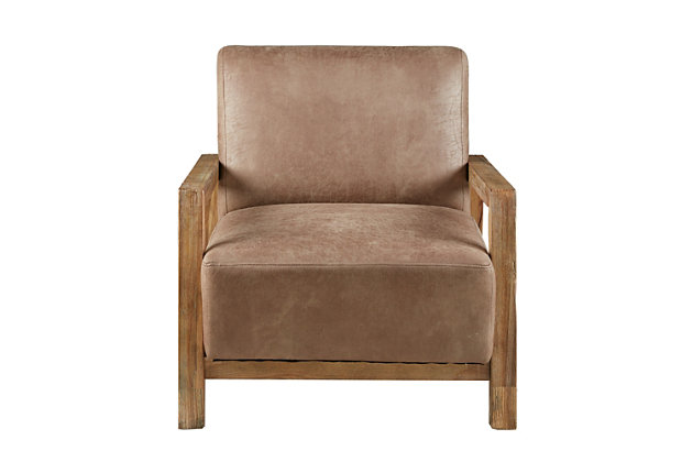 Add a sophisticated update to your living room with the INK+IVY Easton Accent Chair. Upholstered in taupe faux leather, the chair features a reclaimed oak wood finish for a contemporary look. Sit in luxurious comfort and bring an elevated touch to your home decor.Made with wood | Reclaimed oak finish | Polyester upholstery | Foam and silk wadding fill | Assembly required