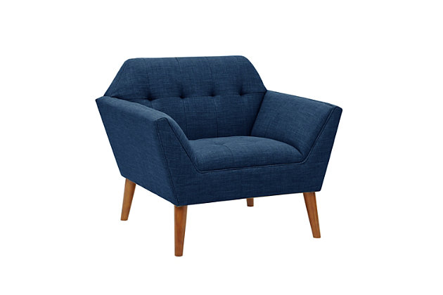 Accent your living area with a splash of color from INK+IVY’s Newport Lounge Chair. The tight back and seat feature a clean, tailored look accented with tufted buttons. Textured blue upholstery and a pecan finish on the wood legs give this lounge chair a warm and alluring appeal. With its mid-century design and small silhouette, it's sure to impress in your living room.Made with wood | Legs with pecan finish | Polyester upholstery | High-density foam filling | Button tufting | Attached seat cushion | Assembly required