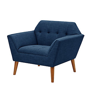 Accent your living area with a splash of color from INK+IVY’s Newport Lounge Chair. The tight back and seat feature a clean, tailored look accented with tufted buttons. Textured blue upholstery and a pecan finish on the wood legs give this lounge chair a warm and alluring appeal. With its mid-century design and small silhouette, it's sure to impress in your living room.Made with wood | Legs with pecan finish | Polyester upholstery | High-density foam filling | Button tufting | Attached seat cushion | Assembly required