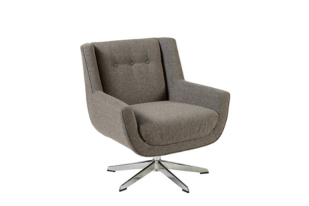 INK+IVY’s Nina Swivel Lounge Chair offers a rich blend of style and comfort to update your home. The wing-style back features button tufting that adds a subtle-yet-elegant accent to the design. A five-point star base in a chrome-tone finish complements the rich gray upholstery. Perfect for the home office or living room, this swivel lounge chair provides comfortable plush seating and introduces a sophisticated allure to your decor.Made with wood | Metal 5-point base with chrome-tone finish | Polyester/acrylic upholstery | Foam filling | Wingback | Button tufting | Assembly required