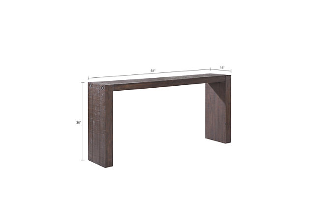 The Monterey Console Table is the perfect addition to any room. This multifunctional piece can be used as a console for decor, a serving space during parties, or as the perfect dining bar when paired with counter stools. This table features a tobago wood finish and wire-brushed distressing to highlight the natural variations of the wood.Made with wood | Tobago finish | Wire-brushed distressing | Assembly required