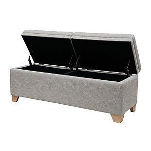 Bring style and functionality to your home with the Madison Park Ashcroft Storage Bench. Upholstered in a gray multi-hued fabric, it features a split button-tufted top that lifts to reveal an ample space for your blankets. Solid wood legs complement the upholstery with a natural finish. Simple and versatile, this upholstered storage bench pairs easily with most home decor.Made with wood | Polyester upholstery | Foam filling | Button tufting | Top split in half | Storage space under lift top