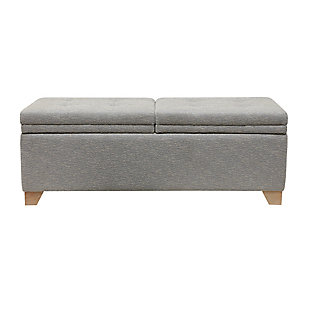 Bring style and functionality to your home with the Madison Park Ashcroft Storage Bench. Upholstered in a gray multi-hued fabric, it features a split button-tufted top that lifts to reveal an ample space for your blankets. Solid wood legs complement the upholstery with a natural finish. Simple and versatile, this upholstered storage bench pairs easily with most home decor.Made with wood | Polyester upholstery | Foam filling | Button tufting | Top split in half | Storage space under lift top