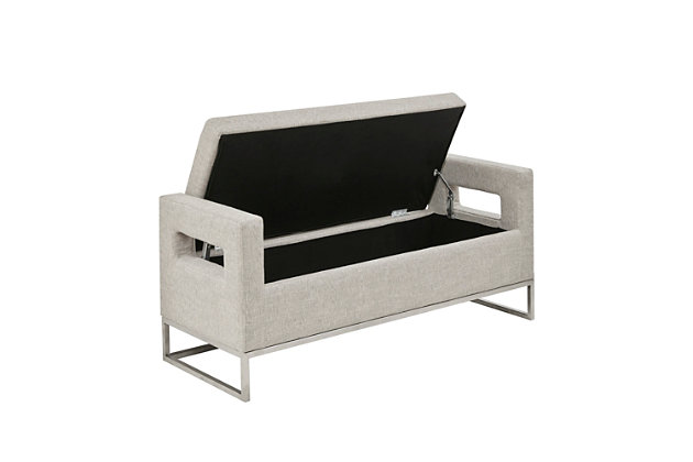The Madison Park Crawford Storage Bench offers the perfect blend of style and functionality. This bench features open sides upholstered in a soft gray fabric and metal legs with a brushed silver electroplated finish for a chic transitional look. The attached cushion on the rectangular seat provides exceptional comfort and opens up to a handy storage space for your blankets and other essential items.Made with wood | Metal legs with brushed silvertone electroplate finish | Polyester/acrylic upholstery | Foam filling | Storage space under lift top