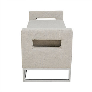 The Madison Park Crawford Storage Bench offers the perfect blend of style and functionality. This bench features open sides upholstered in a soft gray fabric and metal legs with a brushed silver electroplated finish for a chic transitional look. The attached cushion on the rectangular seat provides exceptional comfort and opens up to a handy storage space for your blankets and other essential items.Made with wood | Metal legs with brushed silvertone electroplate finish | Polyester/acrylic upholstery | Foam filling | Storage space under lift top