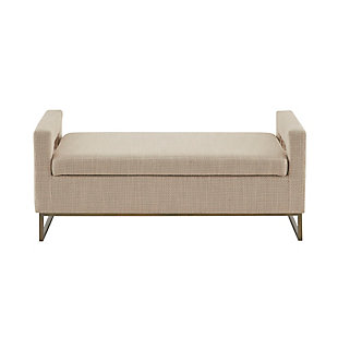 The Madison Park Crawford Storage Bench offers the perfect blend of style and functionality. This bench features open sides upholstered in a soft tan fabric and metal legs with a bronze-tone finish for a chic transitional look. The attached cushion on the rectangular seat provides exceptional comfort and opens up to a handy storage space for your blankets and other essential items.Made with wood | Metal legs with bronze-tone finish | Polyester/acrylic/cotton upholstery | Foam filling | Storage space under lift top
