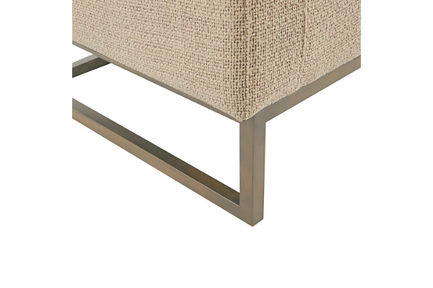 The Madison Park Crawford Storage Bench offers the perfect blend of style and functionality. This bench features open sides upholstered in a soft tan fabric and metal legs with a bronze-tone finish for a chic transitional look. The attached cushion on the rectangular seat provides exceptional comfort and opens up to a handy storage space for your blankets and other essential items.Made with wood | Metal legs with bronze-tone finish | Polyester/acrylic/cotton upholstery | Foam filling | Storage space under lift top