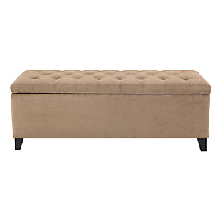 The modern Shandra Storage Bench organizes linens and impresses with its stylish details. Featuring an elegant sand-hued fabric with espresso-colored legs, it provides the perfect functional finishing touch for your space.Made with wood | Legs with espresso-hued finish | Polyester upholstery | High-density foam filling | Button-tufted detailing | Interior storage