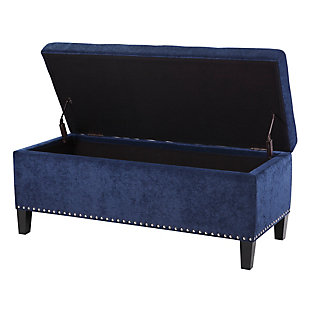 The modern Shandra II Storage Bench organizes linens and impresses with its stylish details. Featuring an elegant blue fabric with black noir legs, it provides the perfect functional finishing touch for your space. Made with wood | Legs with black finish | Polyester upholstery | High-density foam filling | Silvertone nailhead trim | Button-tufted detailing | Interior storage