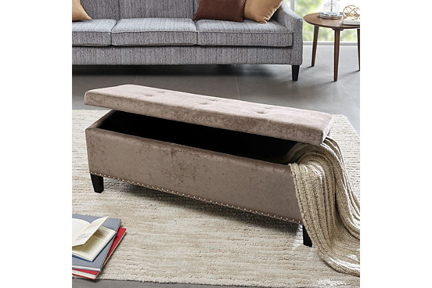 The modern Shandra II Storage Bench organizes linens and impresses with its stylish details. Featuring an elegant gray fabric with black noir legs, it provides the perfect functional finishing touch for your space. Made with wood | Legs with black finish | Polyester upholstery | High-density foam filling | Silvertone nailhead trim | Button-tufted detailing | Interior storage