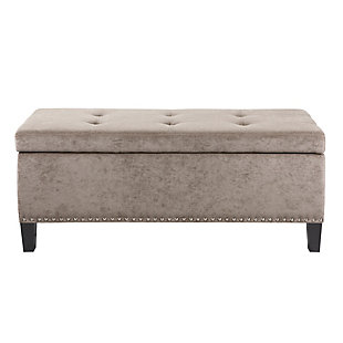 The modern Shandra II Storage Bench organizes linens and impresses with its stylish details. Featuring an elegant gray fabric with black noir legs, it provides the perfect functional finishing touch for your space. Made with wood | Legs with black finish | Polyester upholstery | High-density foam filling | Silvertone nailhead trim | Button-tufted detailing | Interior storage