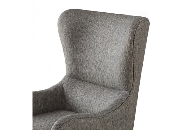 The Madison Park Arianna Swoop Wing Chair offers a unique style and comfort to elevate your home decor. This chic transitional accent chair features a high wing-style back and a comfortable loose seat. Rounded arms help highlight the charming silhouette, while piping details around the edge add dimension. Simple and clean in design, this chair provides a fashionable update to your living room decor. Made with wood | Legs with reclaimed gray finish | Polyester upholstery | High-density foam filling | Loose seat cushion | Wingback | Round arm | Piping around edge  | Assembly required