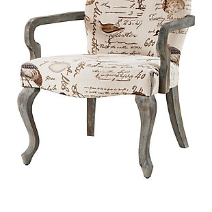 This Queen Anne-inspired high-back occasional chair is elegance personified. With shaped gooseneck arms finished in a reclaimed gray, mixed with a trendy bird motif, the Arnau Accent Chair is a definite showstopper.Made with wood | Reclaimed gray finish | Polyester upholstery | High-density foam filling | Hand-carved frame | Assembly required