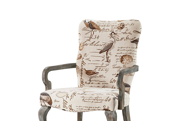 This Queen Anne-inspired high-back occasional chair is elegance personified. With shaped gooseneck arms finished in a reclaimed gray, mixed with a trendy bird motif, the Arnau Accent Chair is a definite showstopper.Made with wood | Reclaimed gray finish | Polyester upholstery | High-density foam filling | Hand-carved frame | Assembly required