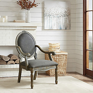 Discover sophistication in the Brentwood Armchair, a modernized update to a classic traditional design. The wonderful mix of a graphite fabric combined with a reclaimed gray finish and nailhead trim gives this chair definite modern appeal. Made with wood | Reclaimed gray finish | Polyester upholstery | High-density foam filling | Hand-carved frame | Bronze-tone nailhead trim | Assembly required