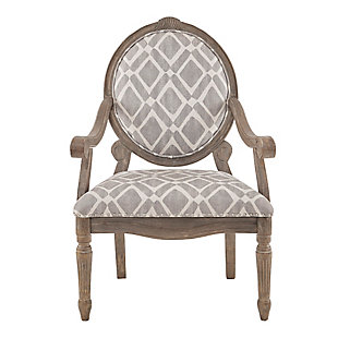 Discover sophistication in the Brentwood Armchair, a modernized update to a classic traditional design. The wonderful mix of a geometric print combined with a reclaimed gray finish and nailhead trim gives this chair definite modern appeal. Made with wood | Reclaimed gray finish | Polyester upholstery | High-density foam filling | Hand-carved frame | Silvertone nailhead trim | Assembly required