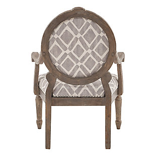 Discover sophistication in the Brentwood Armchair, a modernized update to a classic traditional design. The wonderful mix of a geometric print combined with a reclaimed gray finish and nailhead trim gives this chair definite modern appeal. Made with wood | Reclaimed gray finish | Polyester upholstery | High-density foam filling | Hand-carved frame | Silvertone nailhead trim | Assembly required