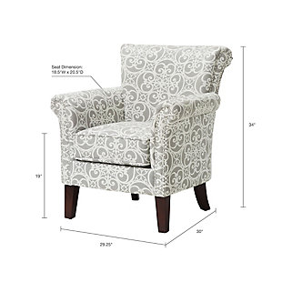 Add an eye-catching touch to your living room with the Madison Park Brooke Tight Back Club Chair. This accent chair features an all-over fretwork pattern on gray-hued upholstery, creating a stunning transitional look. Silvertone nailhead trim on the front of the arms and the sides of the back adds an elegant accent to the design. With a comfortable loose cushion and sturdy solid wood legs, this club chair brings a chic style to your home decor.Made with wood | Legs with black finish | Polyester upholstery | High-density foam filling | Double rows of silvertone nailhead trim on arm and side | Round arms | Tight back, loose seat | Assembly required