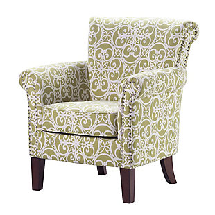 Add an eye-catching touch to your living room with the Madison Park Brooke Tight Back Club Chair. This accent chair features an all-over fretwork pattern on green-hued upholstery, creating a stunning transitional look. Bronze-tone nailhead trim on the front of the arms and the sides of the back adds an elegant accent to the design. With a comfortable loose cushion and sturdy solid wood legs, this club chair brings a chic style to your home decor.Made with wood | Legs with espresso-hued finish | Polyester upholstery | Cushion with High-density foam filling; back with polyurethane foam and polyfiber fill | Double rows of silvertone nailhead trim on arm and side | Round arms | Tight back, loose seat | Assembly required