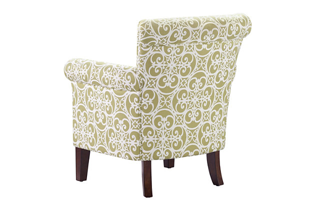 Add an eye-catching touch to your living room with the Madison Park Brooke Tight Back Club Chair. This accent chair features an all-over fretwork pattern on green-hued upholstery, creating a stunning transitional look. Bronze-tone nailhead trim on the front of the arms and the sides of the back adds an elegant accent to the design. With a comfortable loose cushion and sturdy solid wood legs, this club chair brings a chic style to your home decor.Made with wood | Legs with espresso-hued finish | Polyester upholstery | Cushion with High-density foam filling; back with polyurethane foam and polyfiber fill | Double rows of silvertone nailhead trim on arm and side | Round arms | Tight back, loose seat | Assembly required