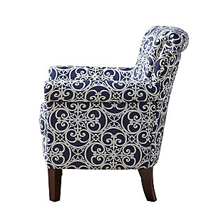 Add an eye-catching touch to your living room with the Madison Park Brooke Tight Back Club Chair. This accent chair features an all-over fretwork pattern on blue-hued upholstery, creating a stunning transitional look. Silvertone nailhead trim on the front of the arms and the sides of the back adds an elegant accent to the design. With a comfortable loose cushion and sturdy solid wood legs, this club chair brings a chic style to your home decor.Made with wood | Legs with espresso-hued finish | Polyester upholstery | High-density foam filling | Double rows of silvertone nailhead trim on arm and side | Round arms | Tight back, loose seat | Assembly required