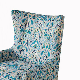 The Carissa Shelter Wing Chair's reinterpretation of the wingback is a refined new classic. Sheltering wings create narrow arms with subtle tufting accents, while the colorful print upholstery gives this chair added appeal.Made with wood | Legs with espresso-hued finish | Polyester upholstery | High-density foam filling | Tight back, loose seat | Button tufting | Assembly required