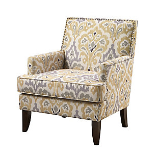 The track arm Colton Club Chair is sure to impress with its sleek contemporary lines, exposed wood legs and nailhead trim. It provides a charming new spin on the classic living room, making it a must-have for modern homemakers.Made with wood | Legs with espresso-hued finish | Polyester upholstery | High-density foam filling | Silvertone nailhead trim | Tight back, loose seat | Assembly required
