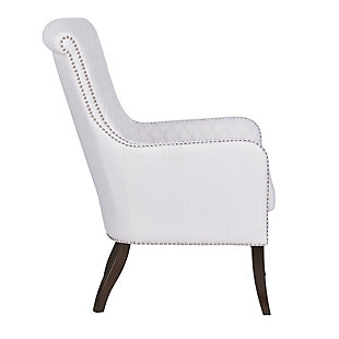 Relax in the luxurious style of the Madison Park Heston Accent Chair. This modern accent chair puts a twist on a classic design with its quilted back and elegant silvertone studs lining the arms and seat. A high-density foam cushion fills the seat for exceptional comfort, while solid wood legs with a Morocco finish provide excellent support.Made with wood | Legs with Morocco finish | Polyester upholstery | High-density foam filling | Quilted back and inside arms | Silvertone nailhead trim | Assembly required