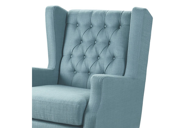 The Maxwell brings a casual twist to the classic wing chair. Its pool blue woven fabric is enhanced with button tufting and sloped arms. Whether it's used in contemporary or shabby-chic spaces, this chair is sure to delight.Made with wood  | Legs with espresso-hued finish | Polyester/acrylic upholstery | High-density foam filling | Loose seat cushion | Button-tufted detailing | Assembly required