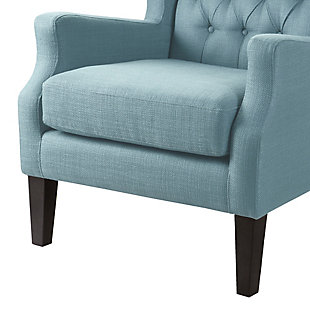 The Maxwell brings a casual twist to the classic wing chair. Its pool blue woven fabric is enhanced with button tufting and sloped arms. Whether it's used in contemporary or shabby-chic spaces, this chair is sure to delight.Made with wood  | Legs with espresso-hued finish | Polyester/acrylic upholstery | High-density foam filling | Loose seat cushion | Button-tufted detailing | Assembly required