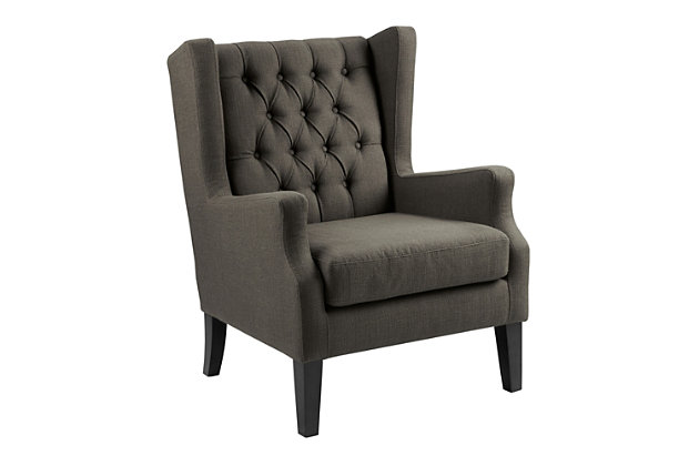 The Maxwell brings a casual twist to the classic wing chair. Its shadowy charcoal-hued woven fabric is enhanced with button tufting and sloped arms. Whether it's used in contemporary or shabby-chic spaces, this chair is sure to delight.Made with wood | Legs with black finish | Polyester/acrylic upholstery | Cushion with High-density foam filling; back with polyurethane foam and polyfiber fill | Loose seat cushion | Button-tufted detailing | Assembly required