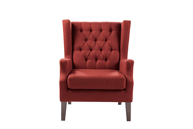 The Maxwell brings a casual twist to the classic wing chair. Its russet red woven fabric is enhanced with button tufting and sloped arms. Whether it's used in contemporary or shabby-chic spaces, this chair is sure to delight.Made with wood | Legs with espresso-hued finish | Polyester/acrylic upholstery | High-density foam filling | Loose seat cushion | Button-tufted detailing | Assembly required