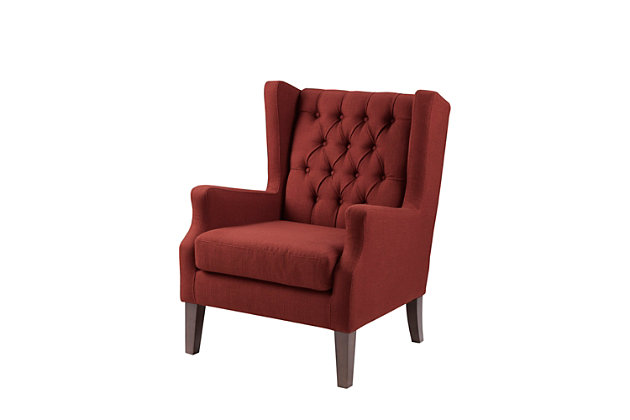The Maxwell brings a casual twist to the classic wing chair. Its russet red woven fabric is enhanced with button tufting and sloped arms. Whether it's used in contemporary or shabby-chic spaces, this chair is sure to delight.Made with wood | Legs with espresso-hued finish | Polyester/acrylic upholstery | High-density foam filling | Loose seat cushion | Button-tufted detailing | Assembly required