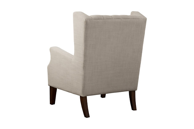 The Maxwell brings a casual twist to the classic wing chair. Its linen-hued woven fabric is enhanced with button tufting and sloped arms. Whether it's used in contemporary or shabby-chic spaces, this chair is sure to delight.Made with wood | Legs with espresso-hued finish | Polyester/linen upholstery | Cushion with High-density foam filling; back with polyurethane foam and polyfiber fill | Loose seat cushion | Button-tufted detailing | Assembly required