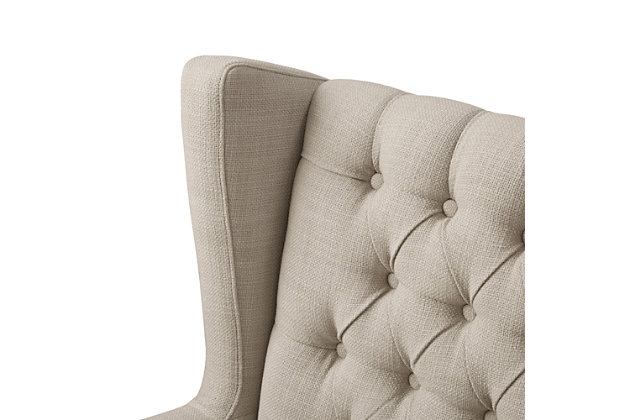 The Maxwell brings a casual twist to the classic wing chair. Its linen-hued woven fabric is enhanced with button tufting and sloped arms. Whether it's used in contemporary or shabby-chic spaces, this chair is sure to delight.Made with wood | Legs with espresso-hued finish | Polyester/linen upholstery | Cushion with High-density foam filling; back with polyurethane foam and polyfiber fill | Loose seat cushion | Button-tufted detailing | Assembly required