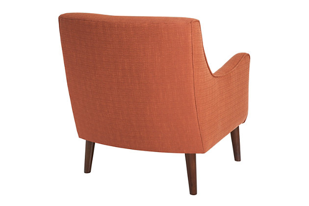 With its mid-century inspired curves, the Oxford Accent Chair can add a soft contrast to a clean-lined, contemporary room. Add a pop of color and superior comfort to your space with ease.Made with wood | Legs with espresso-hued finish | Polyester upholstery | High-density foam filling | Tight back, loose seat | Assembly required