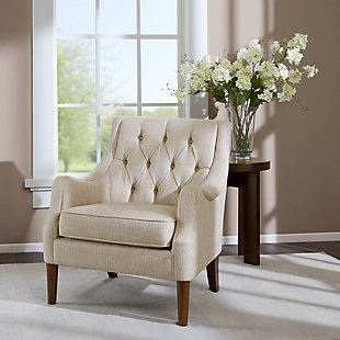 The vintage-inspired Qwen Accent Chair is the epitome of beauty and grace. It showcases sweeping serpentine arms and a soft, diamond-tufted back resting elegantly on tapered posts. With this chair, it's easy to curate a cozy antique retreat.Made with wood | Legs with espresso-hued finish | Polyester upholstery | Foam filling | Loose seat cushion | Button tufting | Assembly required