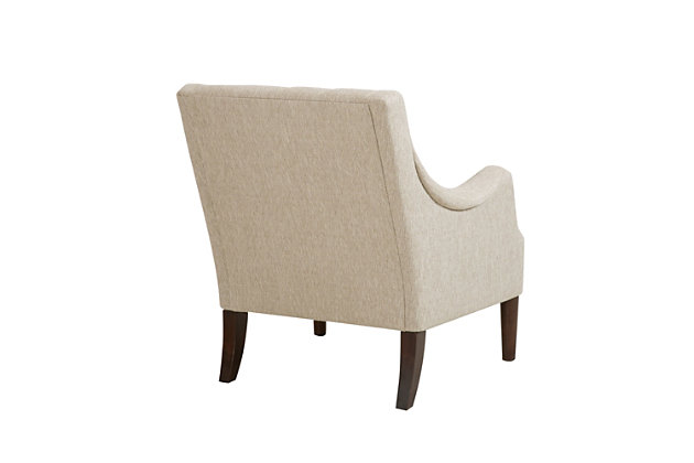 The vintage-inspired Qwen Accent Chair is the epitome of beauty and grace. It showcases sweeping serpentine arms and a soft, diamond-tufted back resting elegantly on tapered posts. With this chair, it's easy to curate a cozy antique retreat.Made with wood | Legs with espresso-hued finish | Polyester upholstery | Foam filling | Loose seat cushion | Button tufting | Assembly required