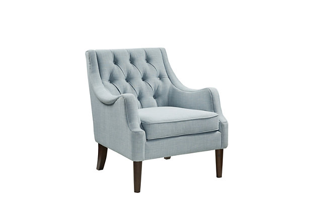 The vintage-inspired Qwen Accent Chair is the epitome of beauty and grace. It showcases sweeping serpentine arms and a soft, diamond-tufted back resting elegantly on tapered posts. With this chair, it's easy to curate a cozy antique retreat.Made with wood | Legs with dark coffee-colored finish | Polyester upholstery | Foam filling | Loose seat cushion | Button tufting | Assembly required