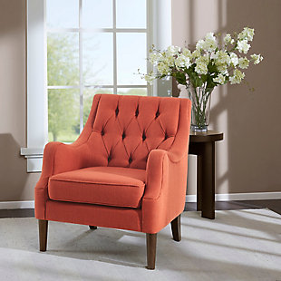 The vintage-inspired Qwen Accent Chair is the epitome of beauty and grace. It showcases sweeping serpentine arms and a soft, diamond-tufted back resting elegantly on tapered posts. With this chair, it's easy to curate a cozy antique retreat.Made with wood | Legs with dark coffee-colored finish | Polyester/linen upholstery | Foam filling | Loose seat cushion | Button tufting | Assembly required