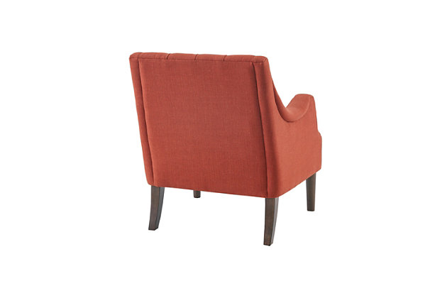 The vintage-inspired Qwen Accent Chair is the epitome of beauty and grace. It showcases sweeping serpentine arms and a soft, diamond-tufted back resting elegantly on tapered posts. With this chair, it's easy to curate a cozy antique retreat.Made with wood | Legs with dark coffee-colored finish | Polyester/linen upholstery | Foam filling | Loose seat cushion | Button tufting | Assembly required