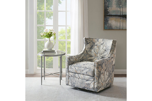 The Madison Park Alana Curve Back Swivel Glider Chair offers classic comfort for your living space. Track arms and subtle curves create an alluring silhouette, while tufted buttons on the back add an elegant accent. A swivel glider base provides sturdy support and allows for smooth and effortless 360-degree movement. Upholstered in a soft multi-hued blue fabric, this chair is the perfect accent piece to bring your living room decor together.Made with wood | Metal base with black finish | Polyester upholstery | Foam filling | 360-degree swivel | Round arm | Button tufting | Curve back | Assembly required
