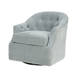 Classic meets contemporary with the Madison Park Calvin Swivel Chair. The curved, wide back features button tufts that add charm and elegance to the design. Upholstered in a soft light blue velvet fabric, the chair's swivel feature makes it easy for you to find the best position for socializing or watching TV.Made with wood | Metal base with black finish | Polyester upholstery | High-density foam filling | Swivel feature | Button tufting