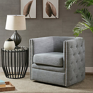 Update your living room with the rich style of the Madison Park Capstone Swivel Chair. The curved back and arms frame the wide seat, while silvertone nailhead trim adds a classic touch. Slate upholstery looks cool and cozy, while the swivel feature allows the lounge chair to rotate on its base for ultimate versatility.Made with wood | Metal base with black finish | Polyester/linen upholstery | High-density foam filling | Silvertone nailhead trim | Swivel feature