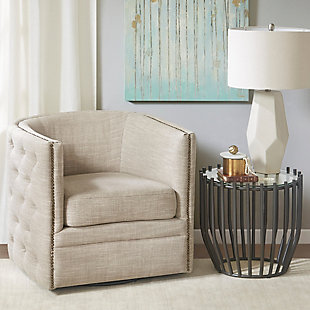 Update your living room with the rich style of the Madison Park Capstone Swivel Chair. A curved back and arms frame the wide seat, while bronze-tone nailhead trim adds a classic touch. Cream-colored upholstery looks warm and cozy, while the swivel feature allows the lounge chair to rotate on its base for ultimate versatility.Made with wood | Metal base with black finish | Polyester/linen upholstery | Foam filling | Bronze-tone nailhead trim | Swivel feature