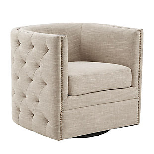 Update your living room with the rich style of the Madison Park Capstone Swivel Chair. A curved back and arms frame the wide seat, while bronze-tone nailhead trim adds a classic touch. Cream-colored upholstery looks warm and cozy, while the swivel feature allows the lounge chair to rotate on its base for ultimate versatility.Made with wood | Metal base with black finish | Polyester/linen upholstery | Foam filling | Bronze-tone nailhead trim | Swivel feature
