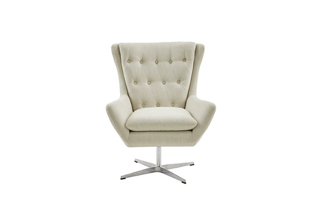 The Madison Park Catalina Swivel Chair offers a combination of style and comfort to update your living room. This swivel chair is upholstered in a rich cream-colored fabric and features a high button-tufted back that adds an elegant touch. The star-shaped silvertone metal base provides sturdy support and allows the chair to rotate 360 degrees. Complete with a removable cushion seat, this swivel chair adds a chic modern touch to your living room decor. Made with wood | Metal base with silvertone finish | Polyester/rayon/linen upholstery | Cushion with foam filling; back with foam and polyfiber batting | 360-degree rotation | Button tufting | Assembly required