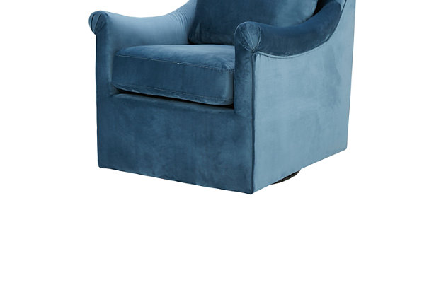 The curved arms and straight back of the Madison Park Deanna Swivel Chair adds a touch of glamour to any space. A swivel feature allows it to smoothly rotate on its base. Upholstered in blue velvet fabric, this lounge chair will be an eye-catching addition to your home.Made with wood | Metal base with black finish | Polyester upholstery | High-density foam filling | Swivel feature